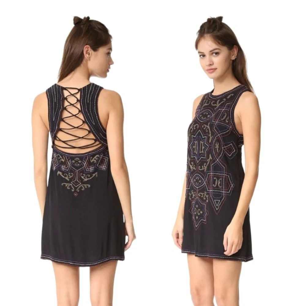 Free People Beaded Black Mandala Sleeveless Mini Dress Lace Up Back Womens Sz 2